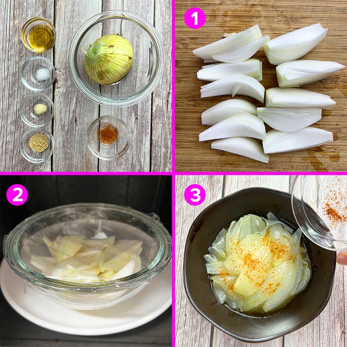 玉ねぎの調理過程を示す４枚の画像。