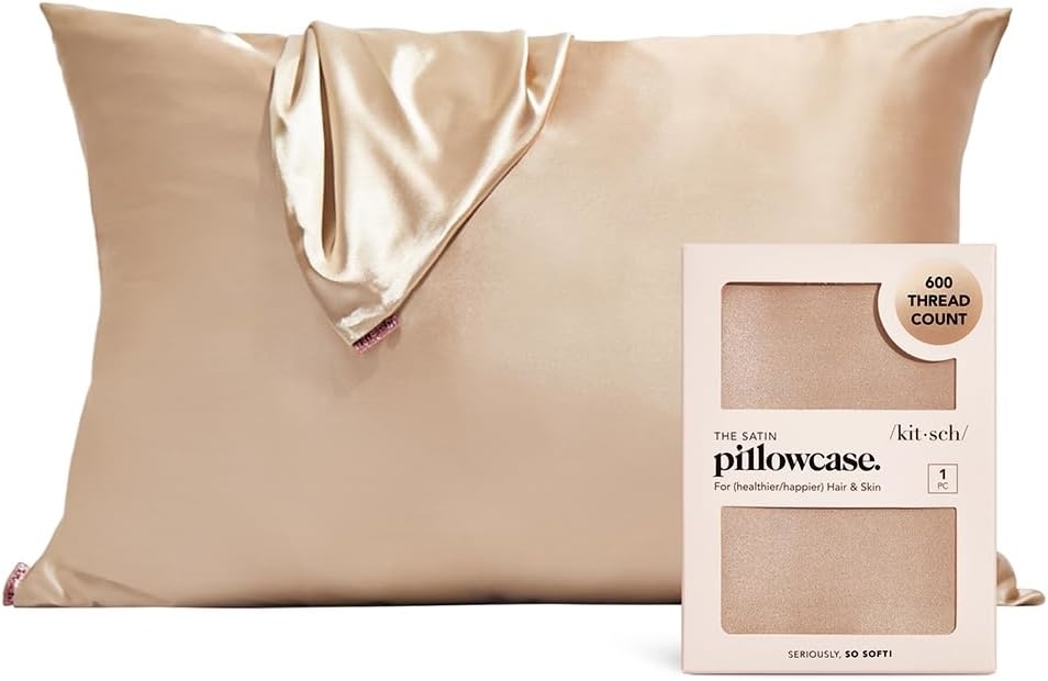 Satin pillowcase packaging highlighting 600 thread count for hair and skin benefits