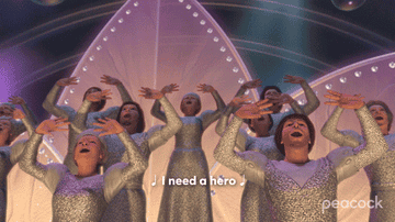 Gif of the Fairy Godmother in &quot;Shrek 2&quot; singing &quot;I need a hero&quot;