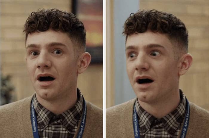 Man with curly hair in a checkered shirt and lanyard looks surprised in dual expressions