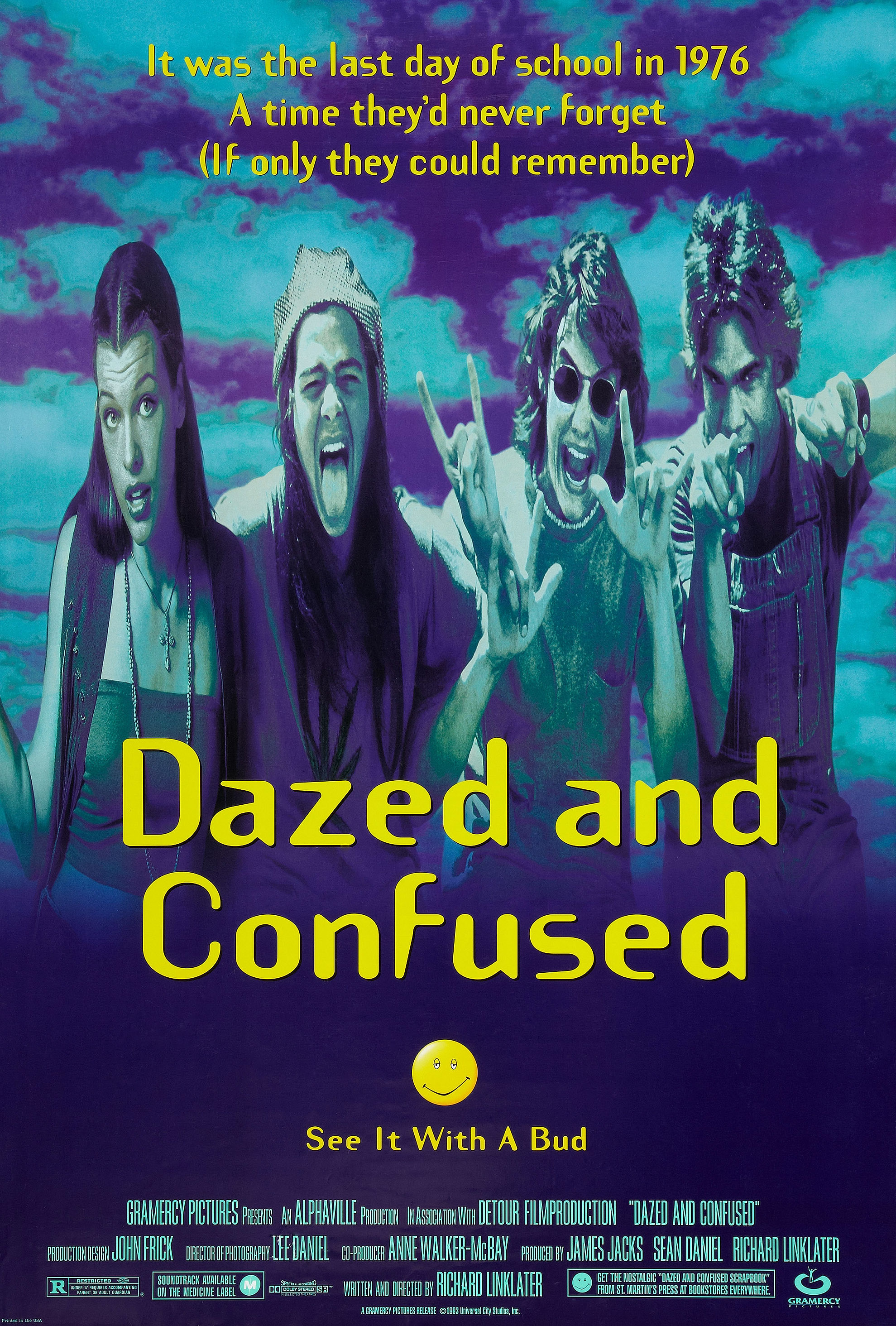 Movie poster for &quot;Dazed and Confused&quot; with four characters imitating a scream
