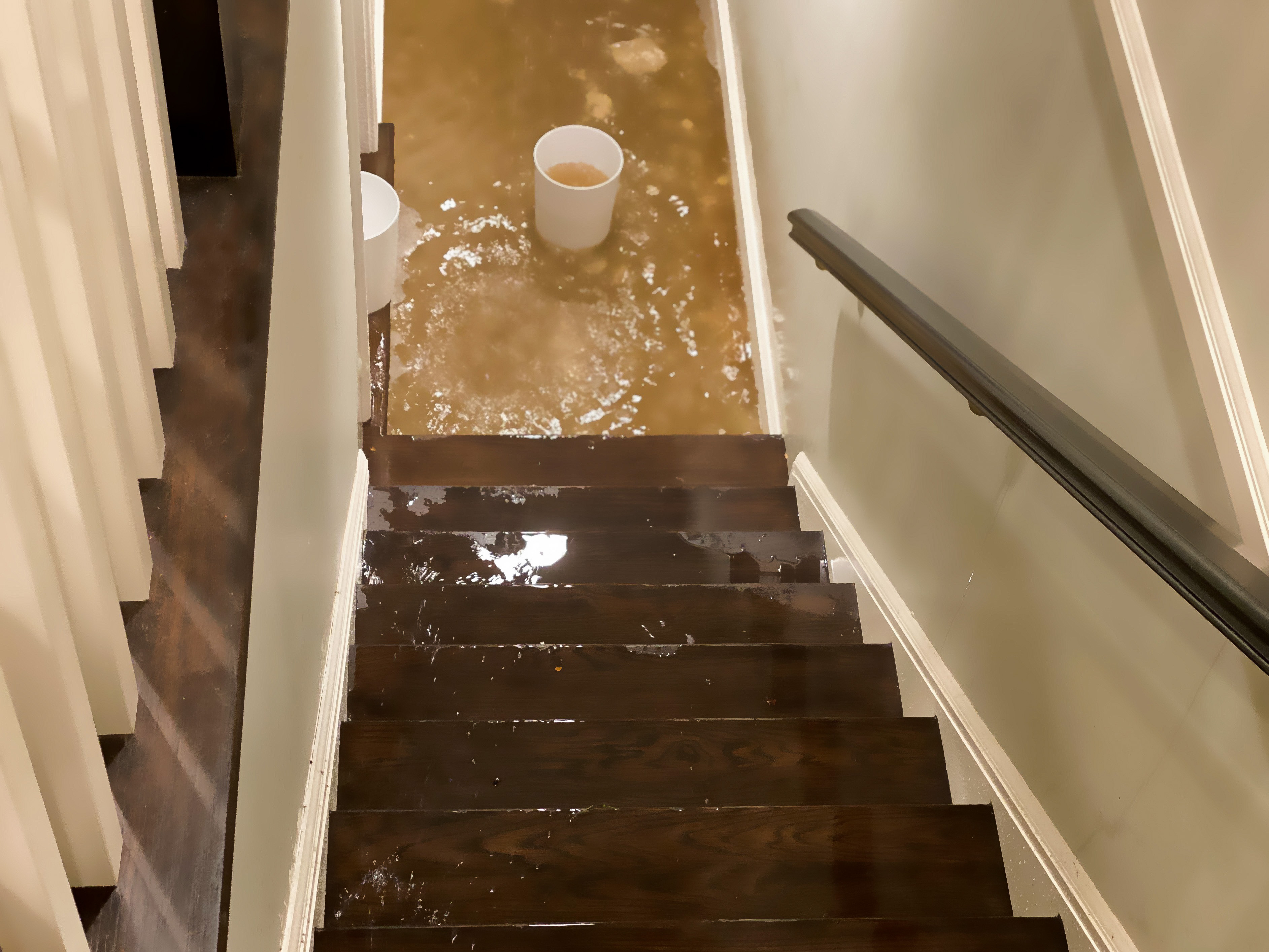 Water flooding a staircase with a bucket on a step