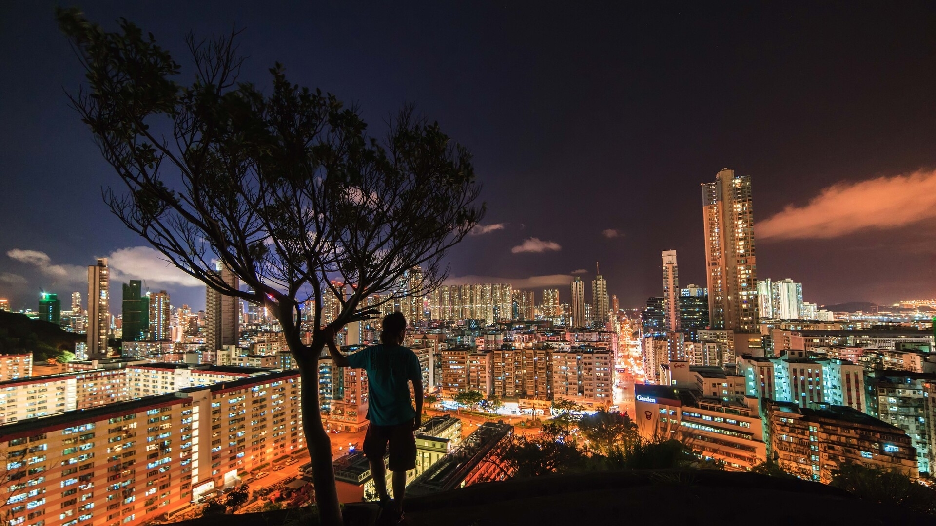 Person overlooking night skyline from a hill, exemplifying urban exploration in travel
