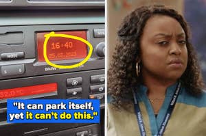 the radio of a car with the time and date displayed and quinta brunson looking skeptical