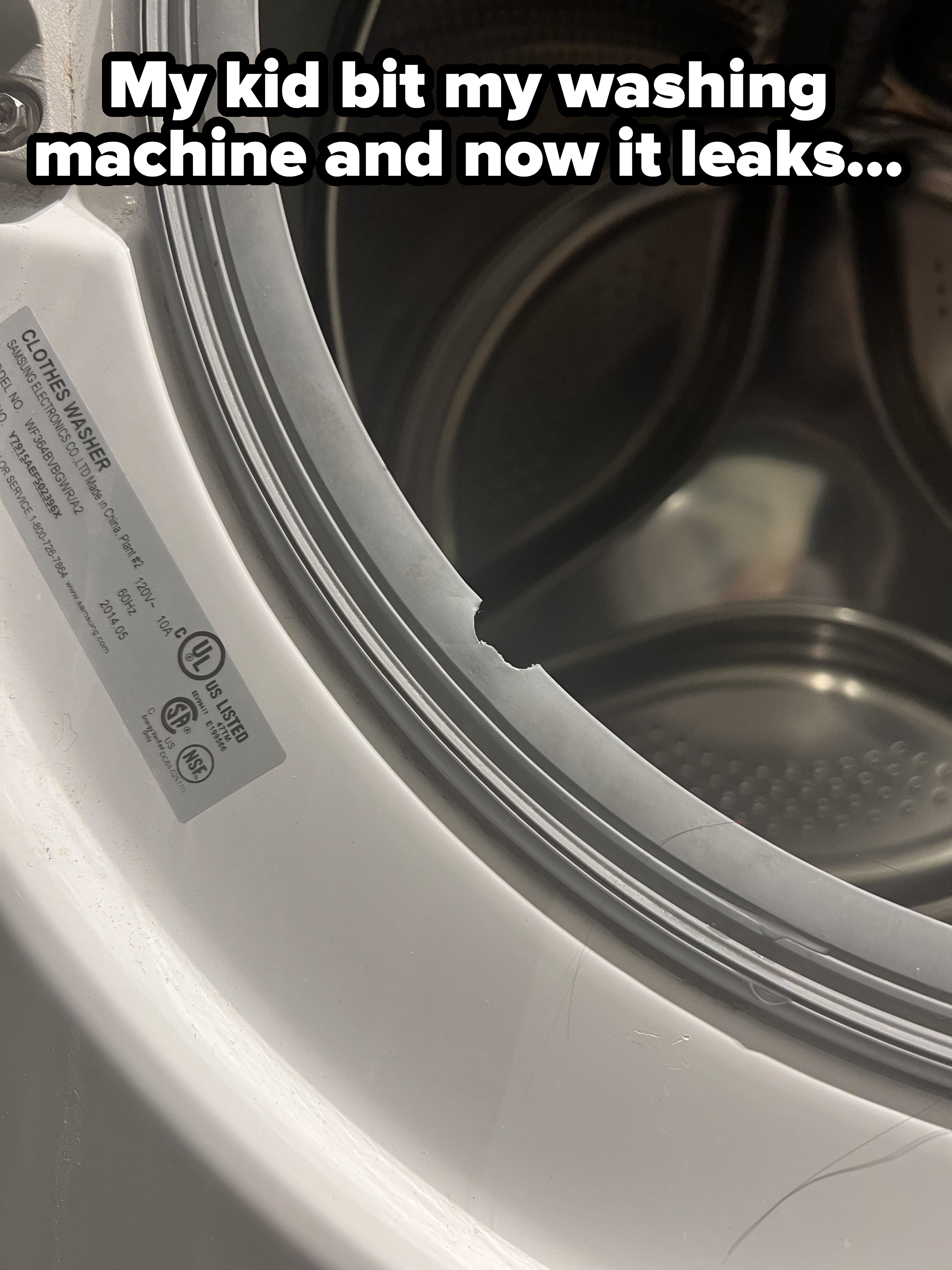 Close-up view of a washing machine&#x27;s open door, focusing on the rubber seal with a piece torn/bitten out of it, with caption, &quot;My kid bit my washing machine, and now it leaks&quot;