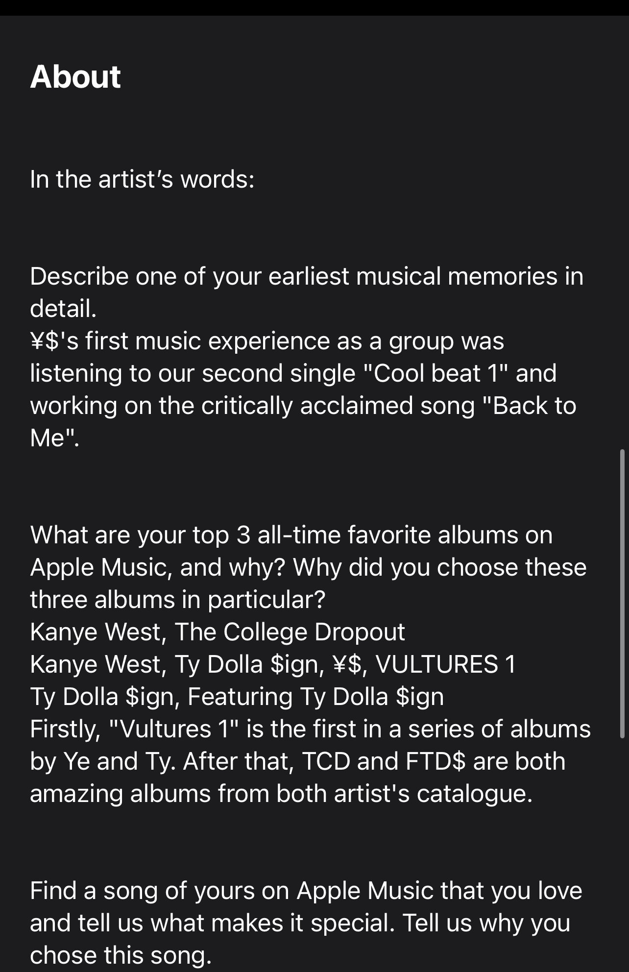Summarized content from a music streaming app detailing an artist&#x27;s favorite albums, including works by Kanye West and The Flaming Lips