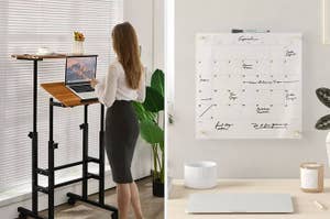 on left: model standing next to wood and black standing desk. on right: white dry erase calendar on wall