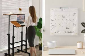 on left: model standing next to wood and black standing desk. on right: white dry erase calendar on wall