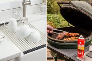 on left: silver over-sink dish drainer. on right: model flipping meat on grill next to a fire extinguishing aerosol spray