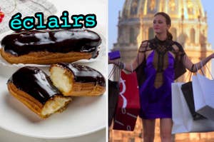 On the left, a plate of eclairs, and on the right, Blair from Gossip Girl walking in Paris with shopping bags on her arms