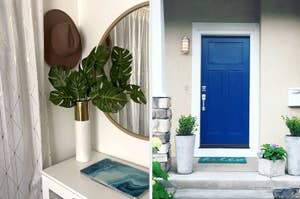 on left: faux green plant in vase, on right: blue front door