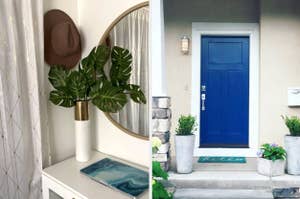 on left: faux green plant in vase, on right: blue front door