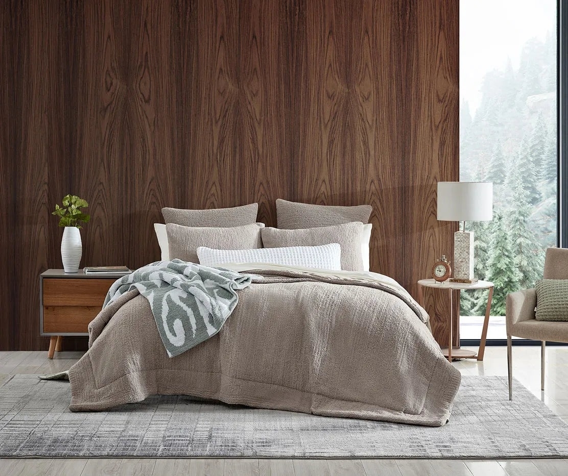 taupe comforter on bed