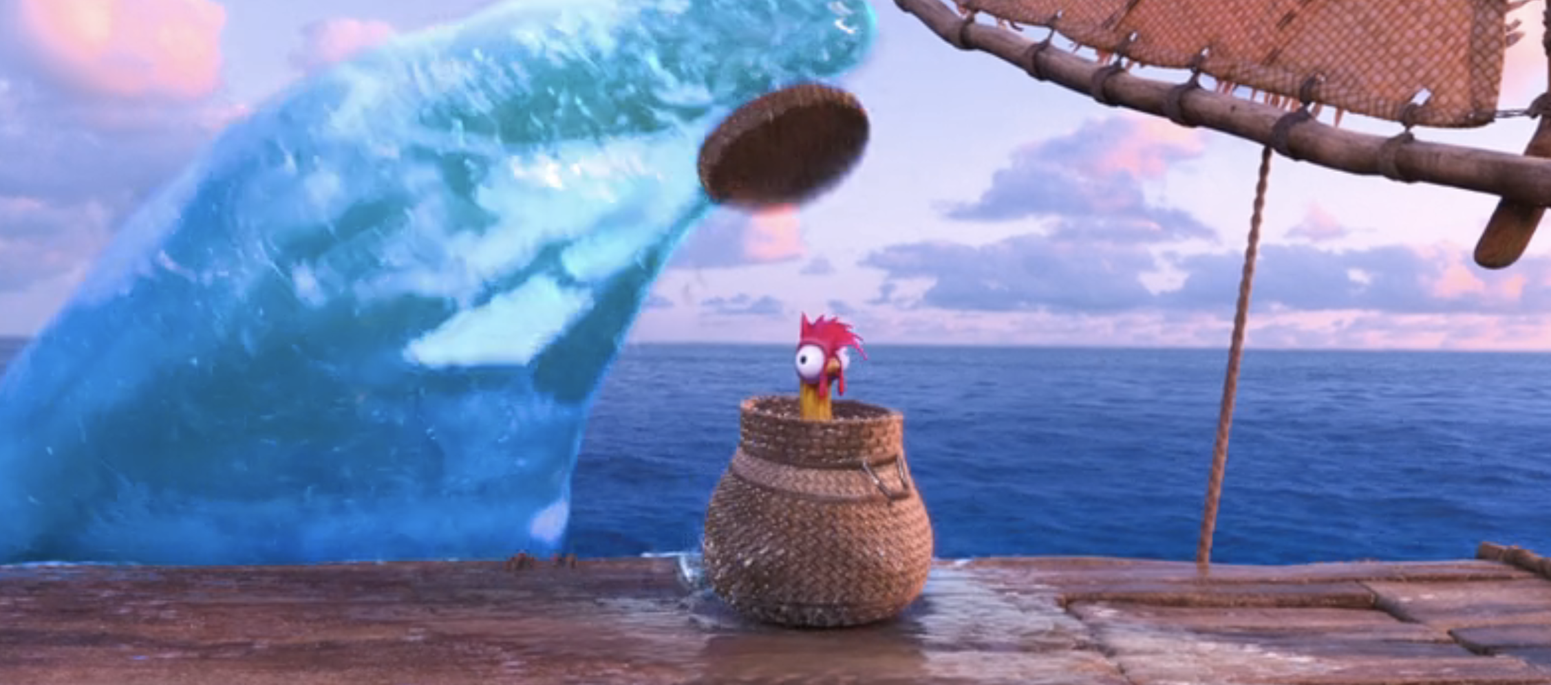 Animated character Heihei from Moana in a basket on a boat with ocean wave in the background