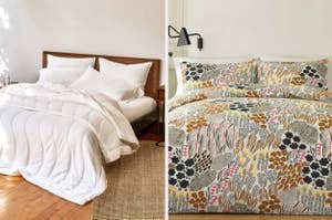 on left: white comforter on bed, on right: colorful floral-print comforter on bed