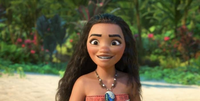 Moana, an animated character, is smiling in a tropical setting