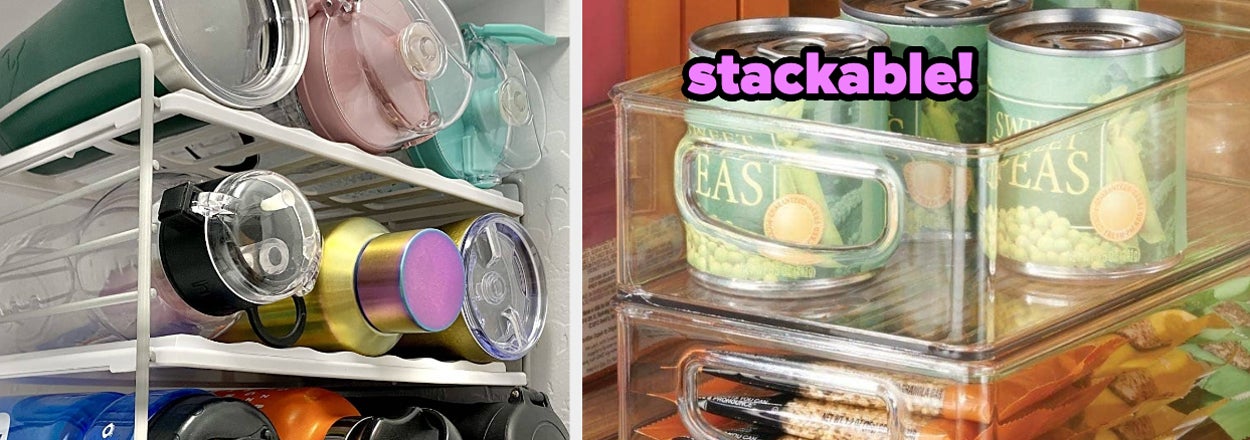 reviewer's bottles on the three-tier organizer / stackable clear bins holding pantry items