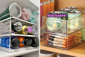 reviewer's bottles on the three-tier organizer / stackable clear bins holding pantry items