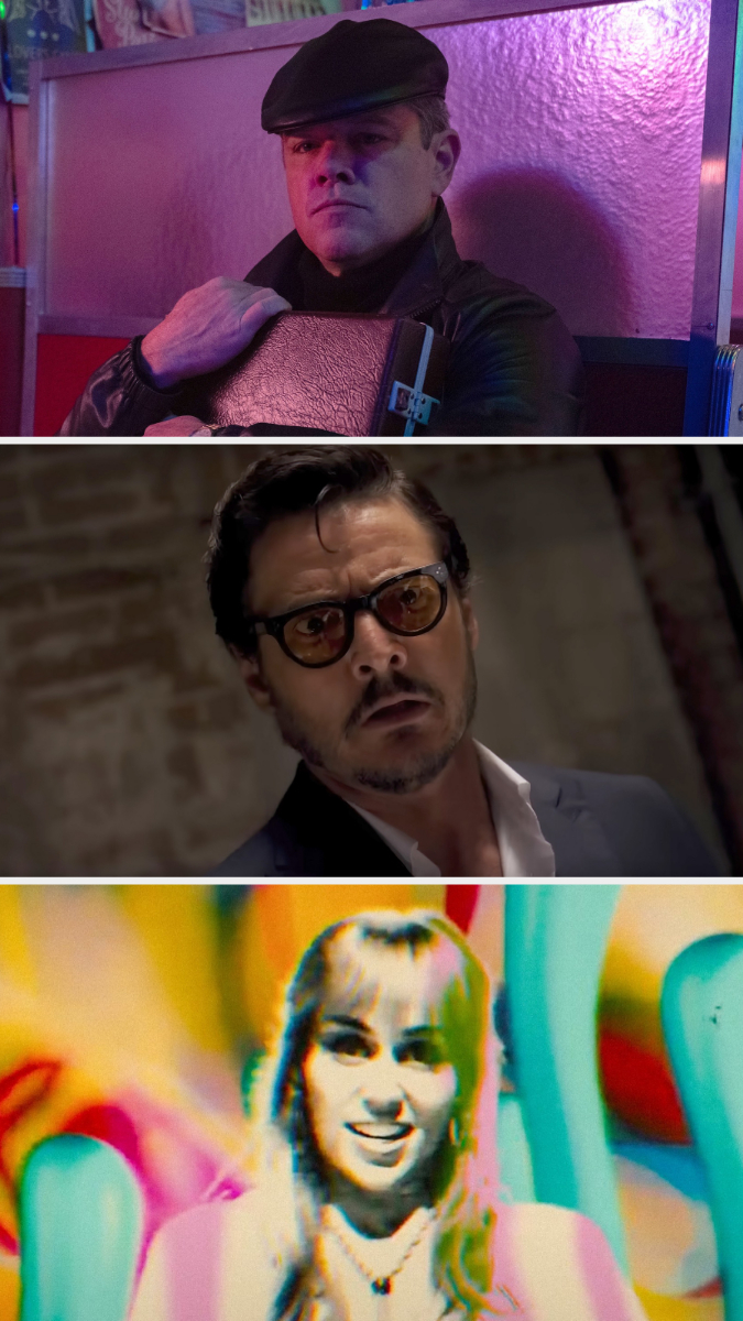 Screenshots from &quot;Drive-Away Dolls&quot; showing Matt Damon, Pedro Pascal, and Miley Cyrus