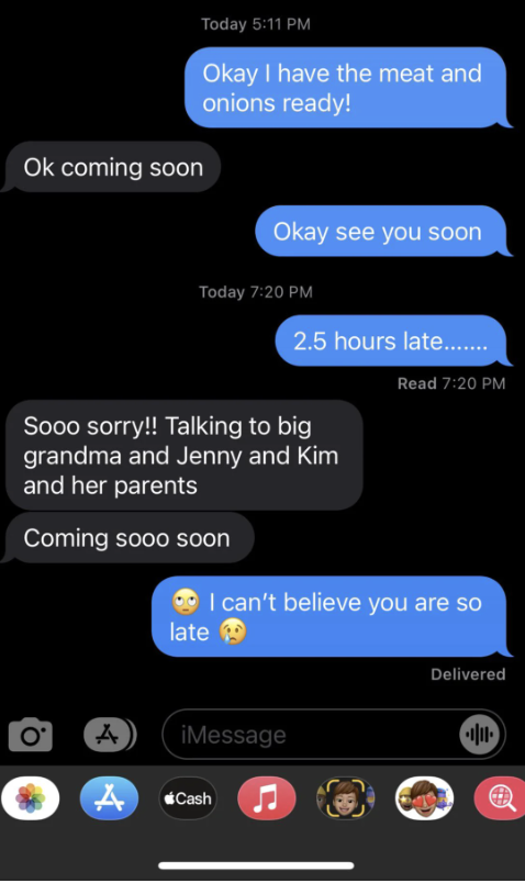 Text message exchange teasing a late arrival mentioning grandma, Jenny, and Kim Kardashian