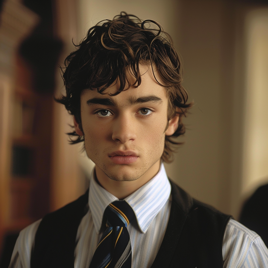 Young man with dark, curly hair wearing a striped tie and shirt and dark vest