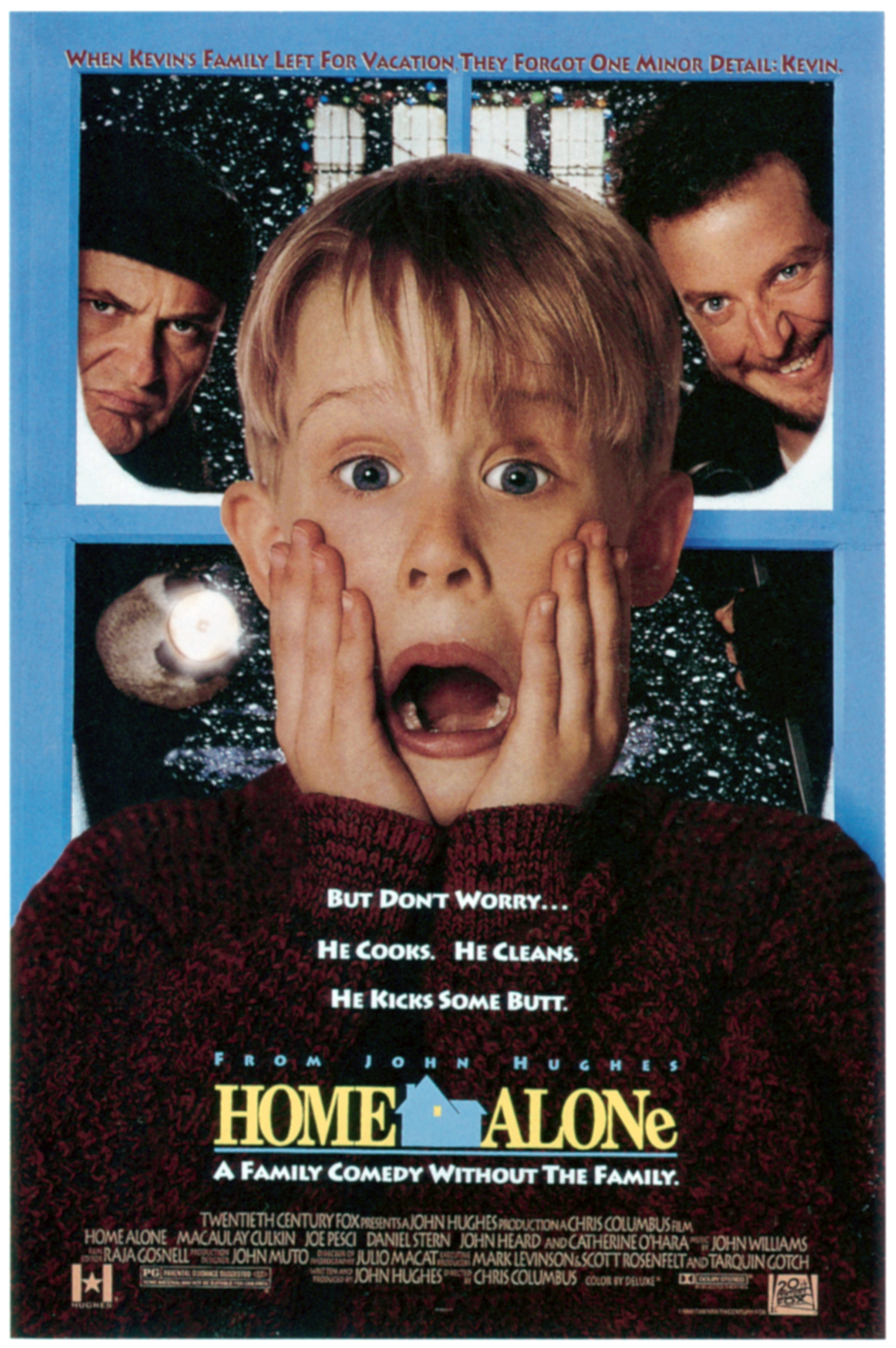 Movie poster of &quot;Home Alone&quot; featuring Kevin with a shocked expression and two burglars behind him