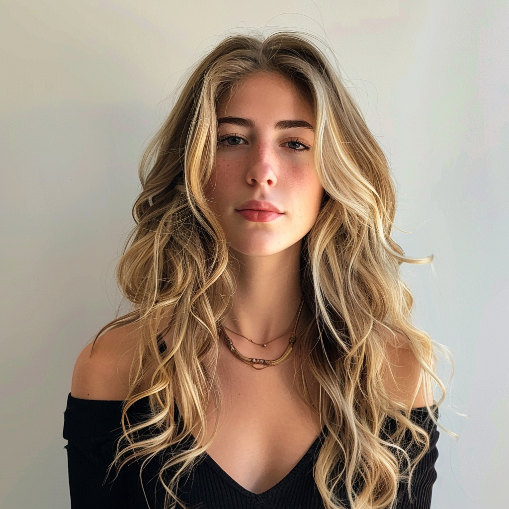 Portrait of a young woman with long blonde, wavy hair wearing an off-shoulder top and a necklace