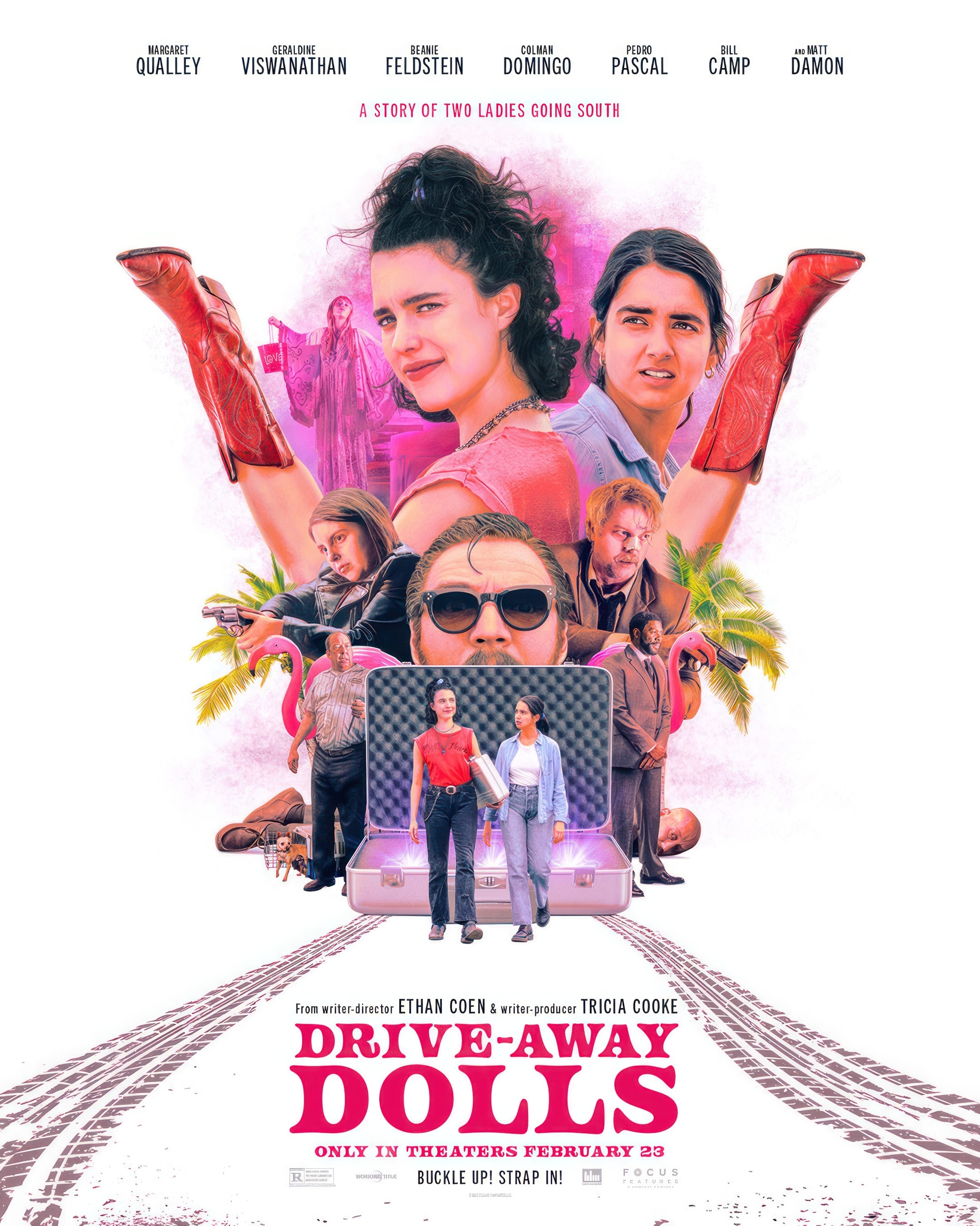 Movie poster for &quot;Drive-Away Dolls&quot; featuring cast with vintage convertible and graphical elements; release information included