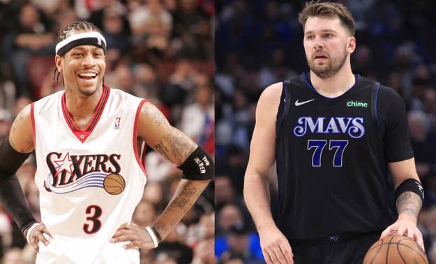 Allen Iverson in a Sixers uniform laughing, and Luka Dončić in a Mavs jersey holding a basketball