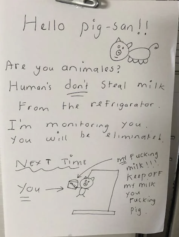 Handwritten note with drawings warning against stealing milk from the fridge, humorously addressed to a &quot;pig-san.&quot;