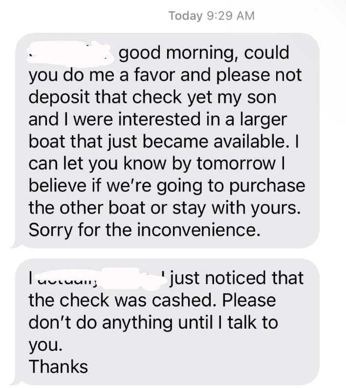 Text exchange where one person discusses a check and a boat purchase, and another apologizes for the inconvenience