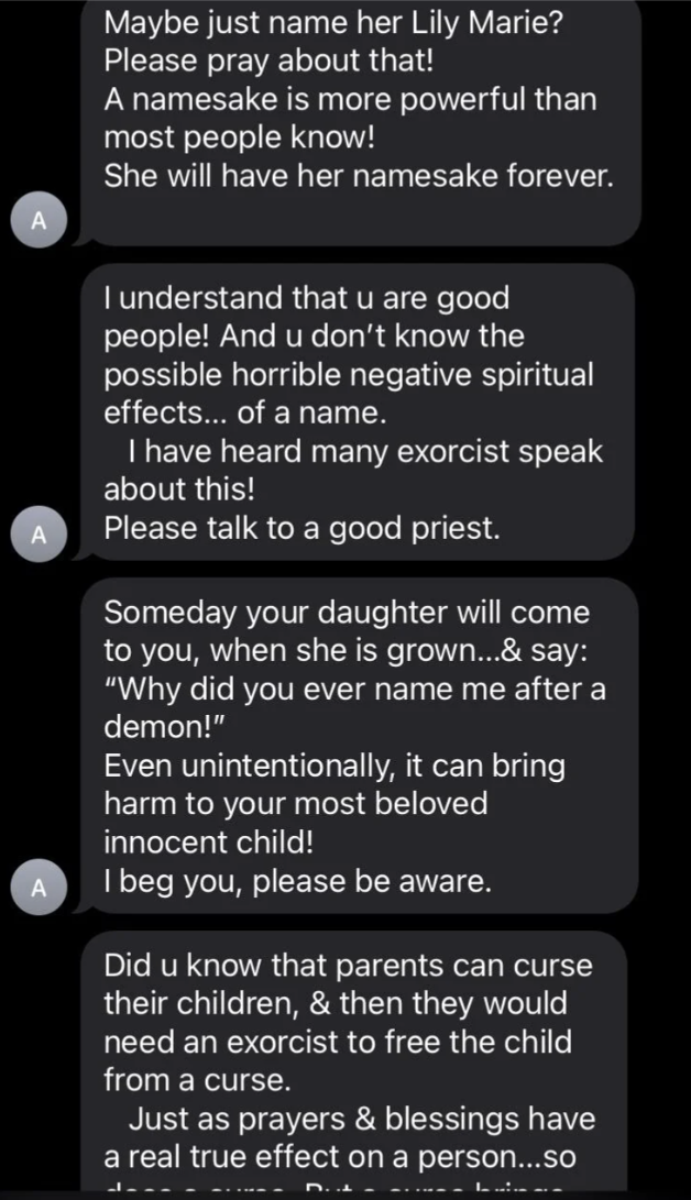 Text messages debating whether to name a child after a deceased person, with spiritual concerns expressed