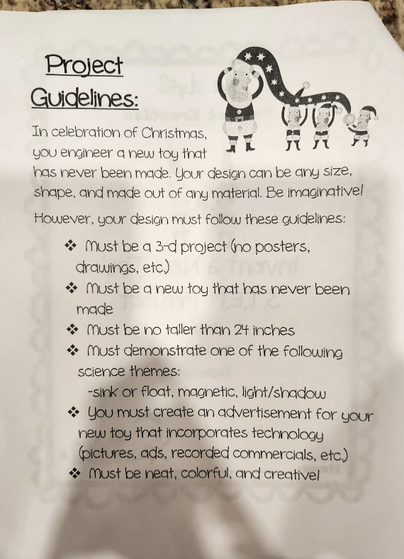 Text on a project guideline sheet for a 3D toy design incorporating imaginative elements, with drawings of whimsical creatures on top