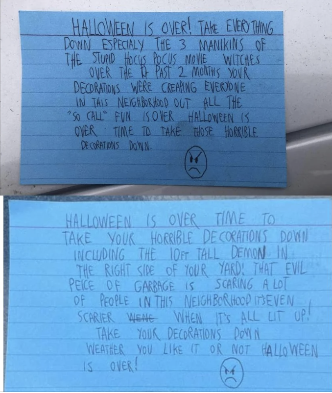 A handwritten note expressing frustration over Halloween decorations left up by neighbors, asking for them to be taken down