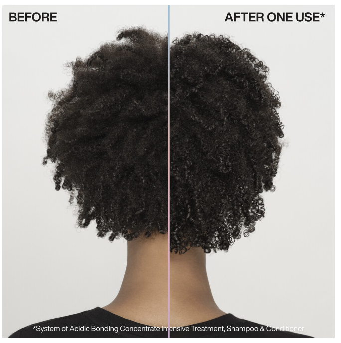 Split image comparing hair before and after using a haircare product, showing improved curl definition