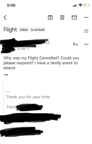 Email screenshot expressing concern about a possibly cancelled flight, seeking urgent response due to a family event. Sender&#x27;s details redacted