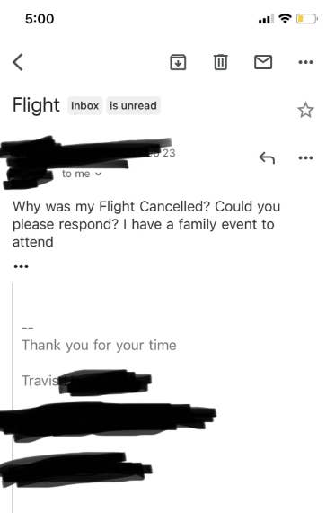 Email screenshot expressing concern about a possibly cancelled flight, seeking urgent response due to a family event. Sender's details redacted