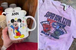 Vintage mug with an image of Mickey Mouse on it and the name "Ann" over his head. Next to this is an image of a vintage 1994 Super Bowl crewneck.