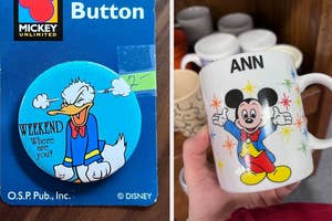 Vintage mug with an image of Mickey Mouse on it and the name "Ann" over his head. Next to this is an image of a vintage 1994 Super Bowl crewneck.
