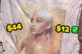 Ariana Grande on a t-shirt with the prices $44 and $12 floating around her head.