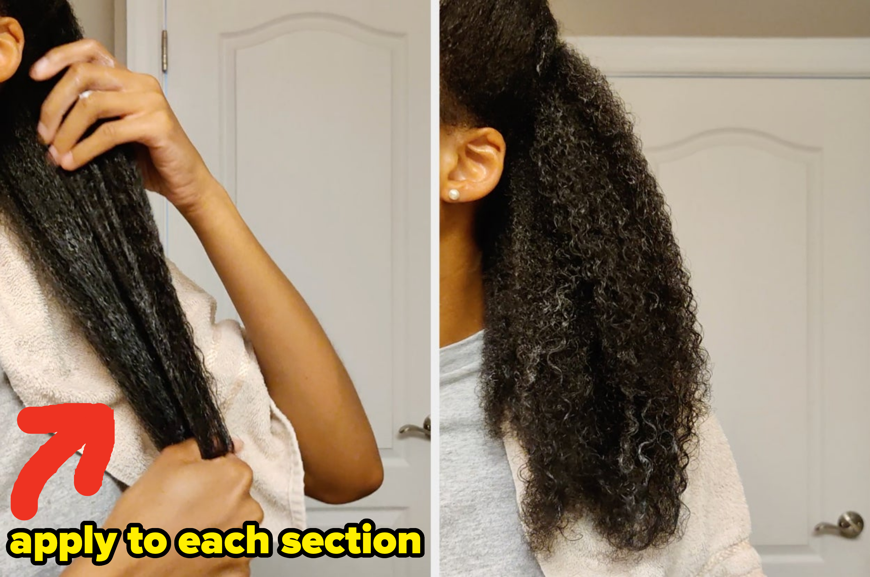 A side-by-side photo: Applying the product on hair on left; then, the result, with natural curls more defined on the right