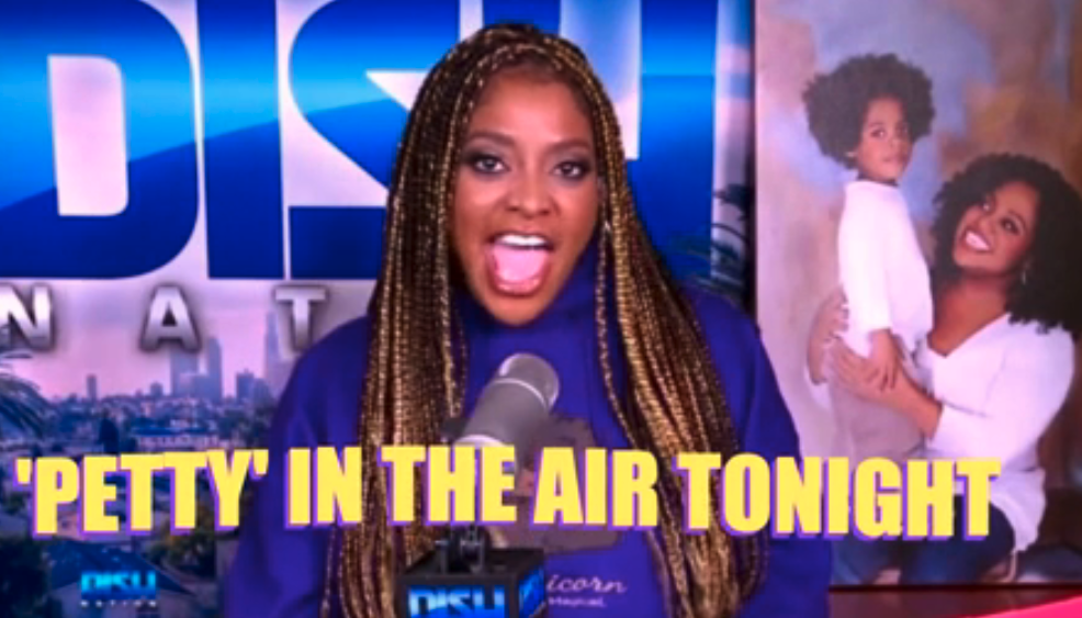 Sherri on TV show with caption &#x27;PETTY IN THE AIR TONIGHT&#x27;, background graphic of an adult and child