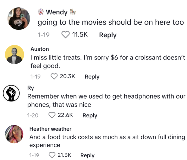 Screen capture of social media comments discussing various lifestyle experiences, including movie treats, food costs, and free headphones