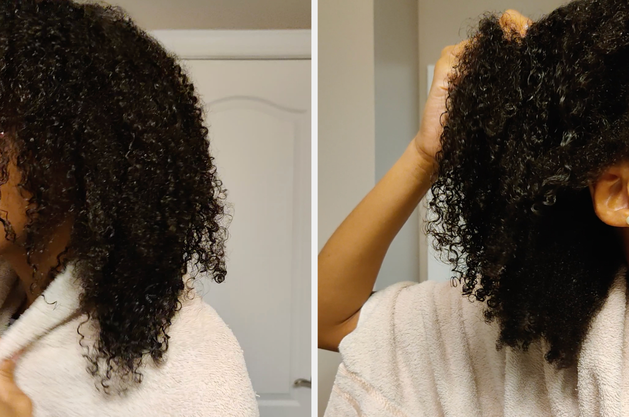 Photos of curly hair after washing it, with shiny, bouncy curls