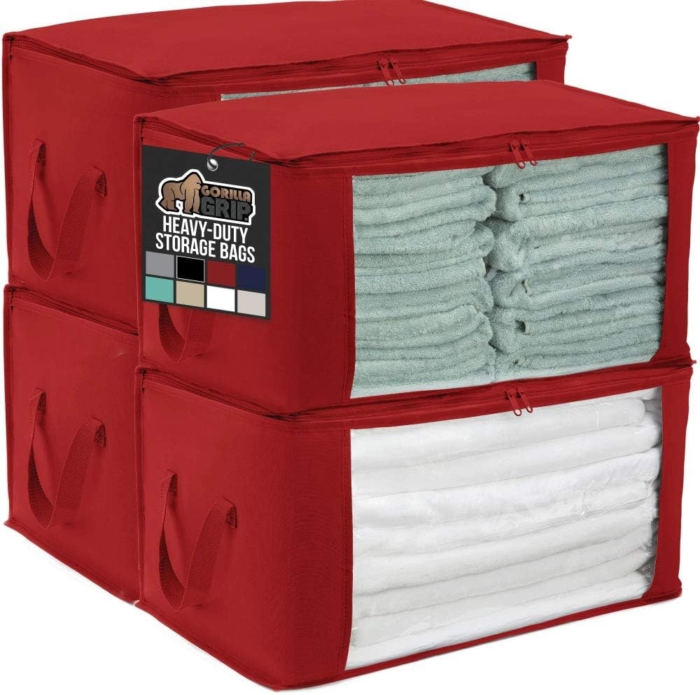 Two red fabric storage bags with clear windows