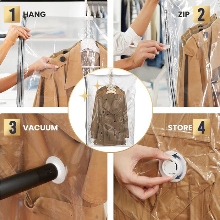 Instructions for using a vacuum storage bag with a coat: hang, zip, vacuum air out, and store