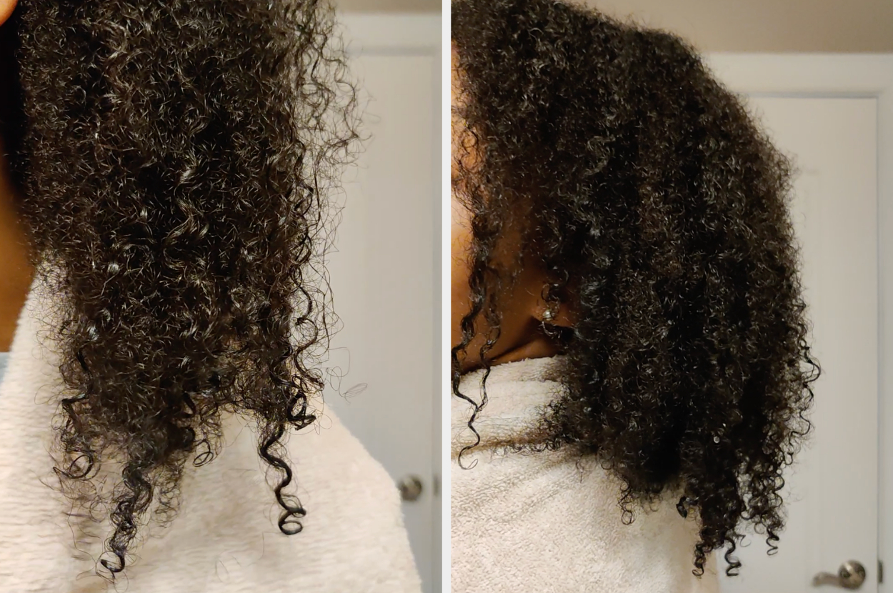 Close-up shots of a person&#x27;s curly hair, with a few frizzy sections