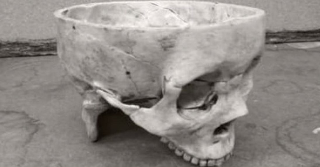 a soup bowl made out of a human skull