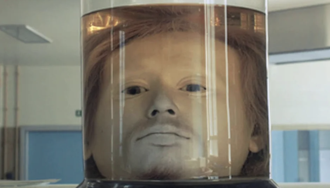 A head encased in a clear preservation tank
