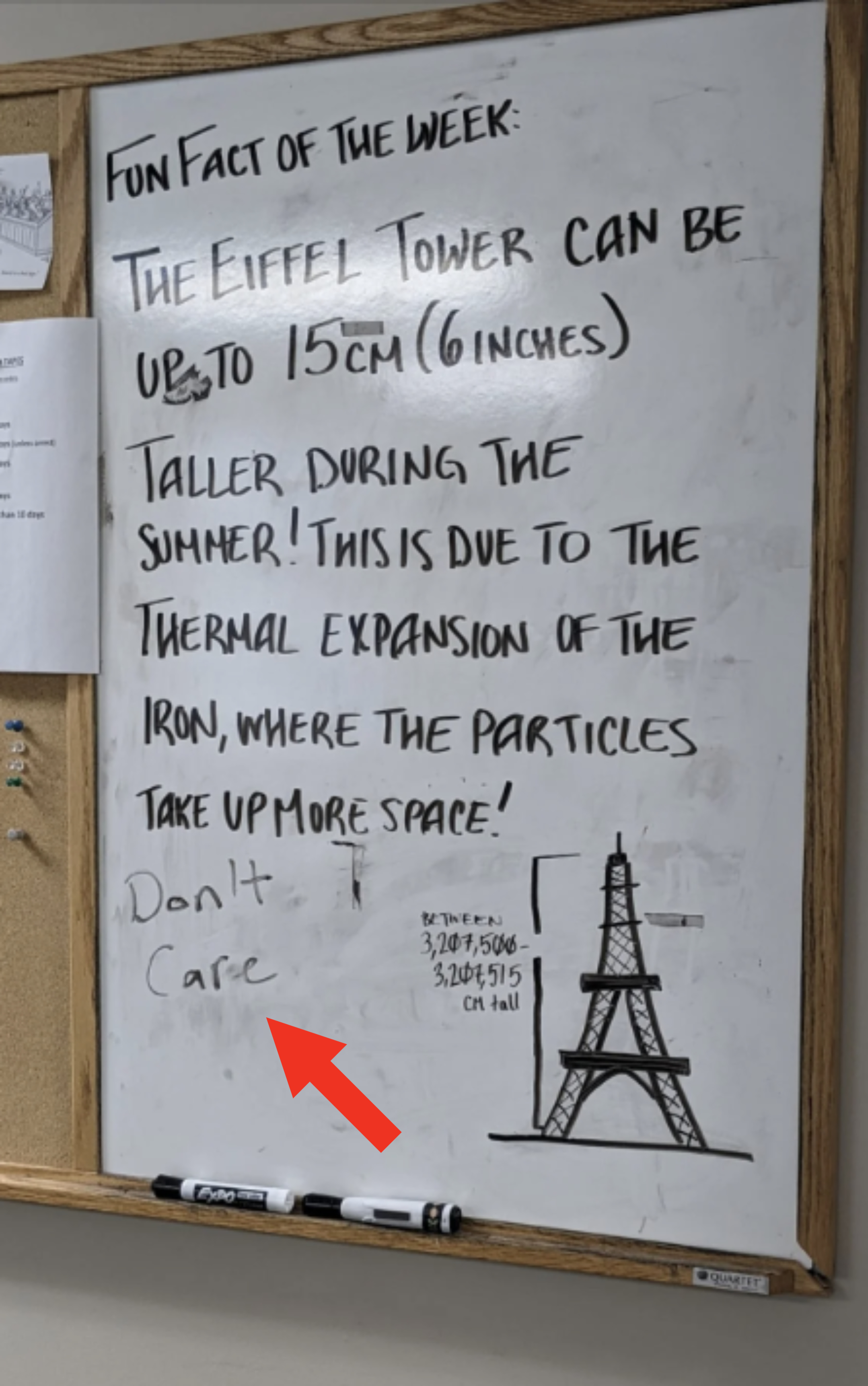 A whiteboard with a fun fact about the Eiffel Tower expanding 15cm in summer due to thermal expansion